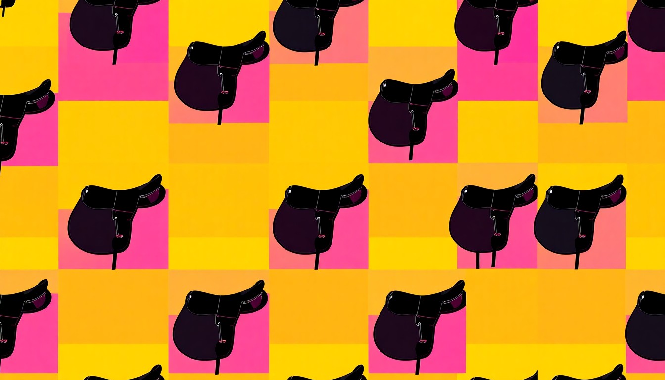 A high-contrast, brightly colored silkscreen print of a riding saddle repeated in a grid pattern, capturing the intersection of luxury and equestrian lifestyle.