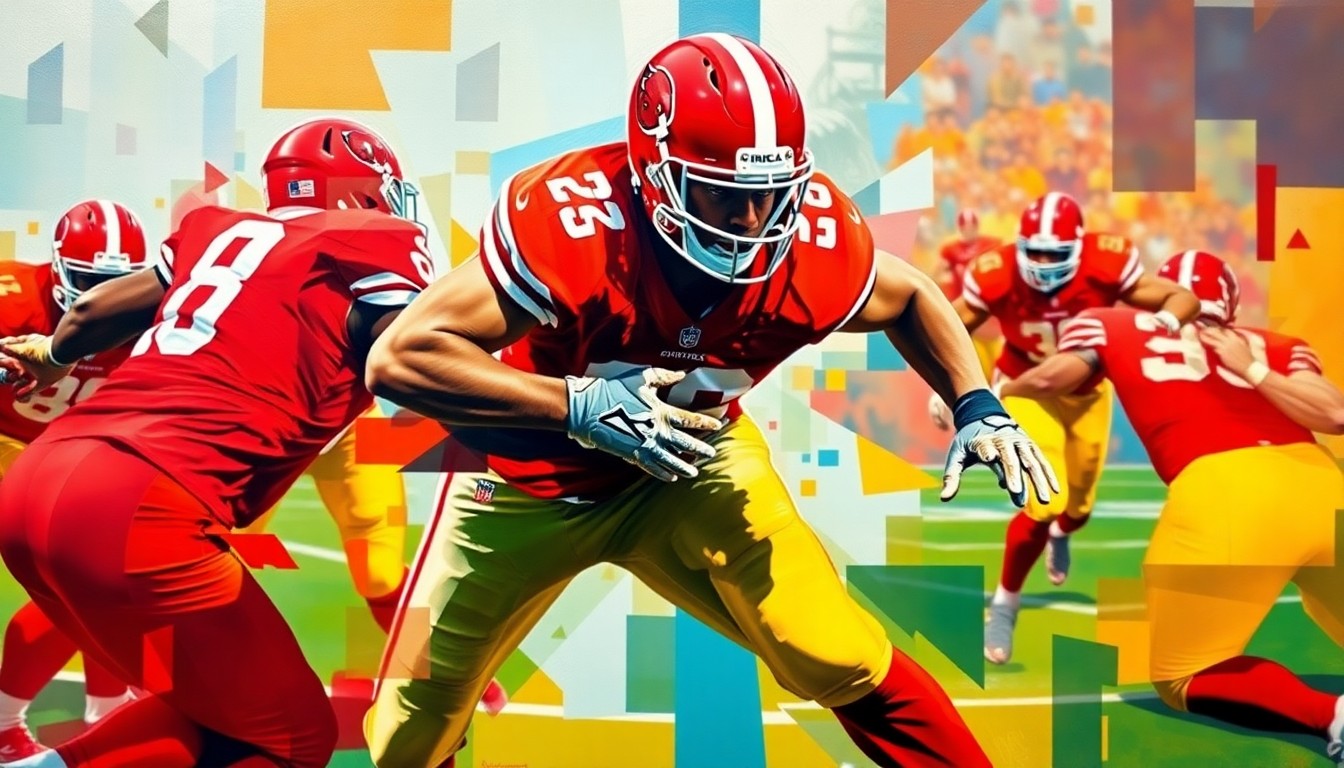 A cubist-style painting depicting a football player in the midst of a tackle, with the figure broken down into sharp, overlapping geometric shapes in the team's colors of red and gold.