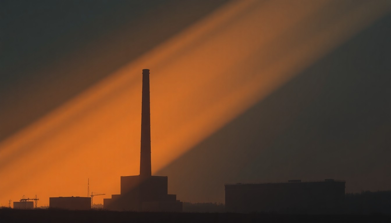 A photorealistic painting of a solitary industrial smokestack rising into a hazy sky, with the structure bathed in warm, dramatic lighting and deep shadows, conveying a sense of quiet melancholy and the looming threat of unchecked industrial emissions.
