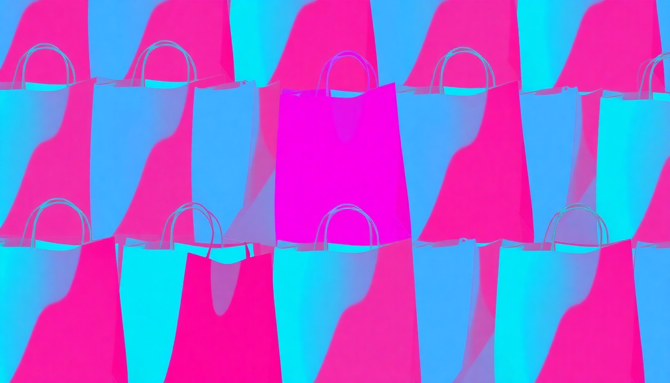 A bold, colorful silkscreen-style grid of a single plastic shopping bag, rendered in a high-contrast, neon color palette that transforms the everyday object into a striking work of modern pop art.