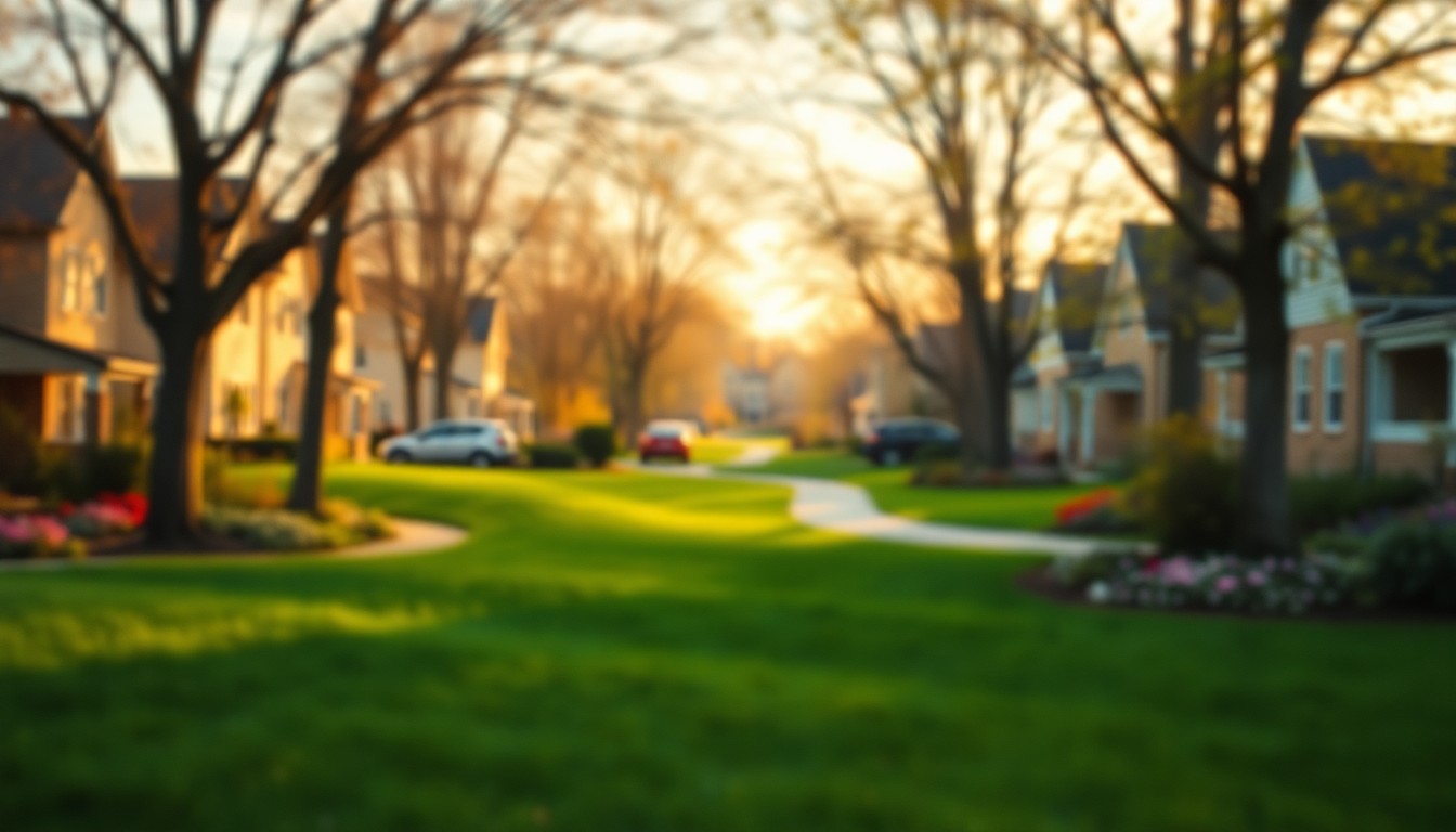An abstract, impressionistic scene of a residential neighborhood in soft focus, with blurred trees, flowers, and lush green lawns in warm, golden light, conceptually representing the start of spring and the return of a community recycling program.