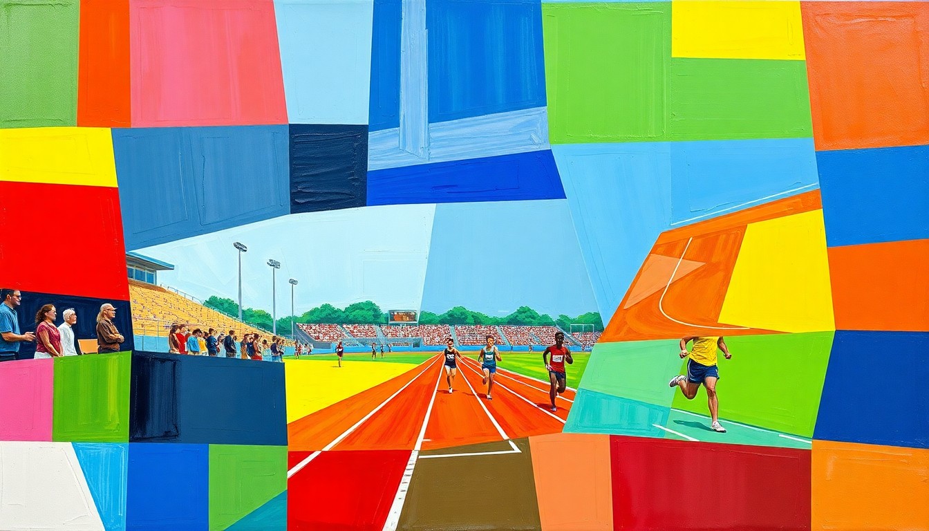 A cubist, geometric painting depicting a high school track and field competition, with overlapping planes of bright red, blue, and yellow shapes representing the various events and competitors.