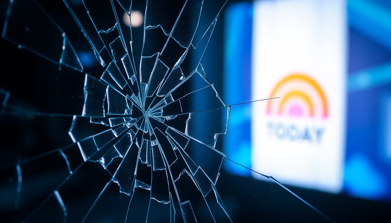 An extreme close-up of shattered glass reflecting a faint TV studio light, conveying a sense of uncertainty and disruption in the Today show's anchor lineup.