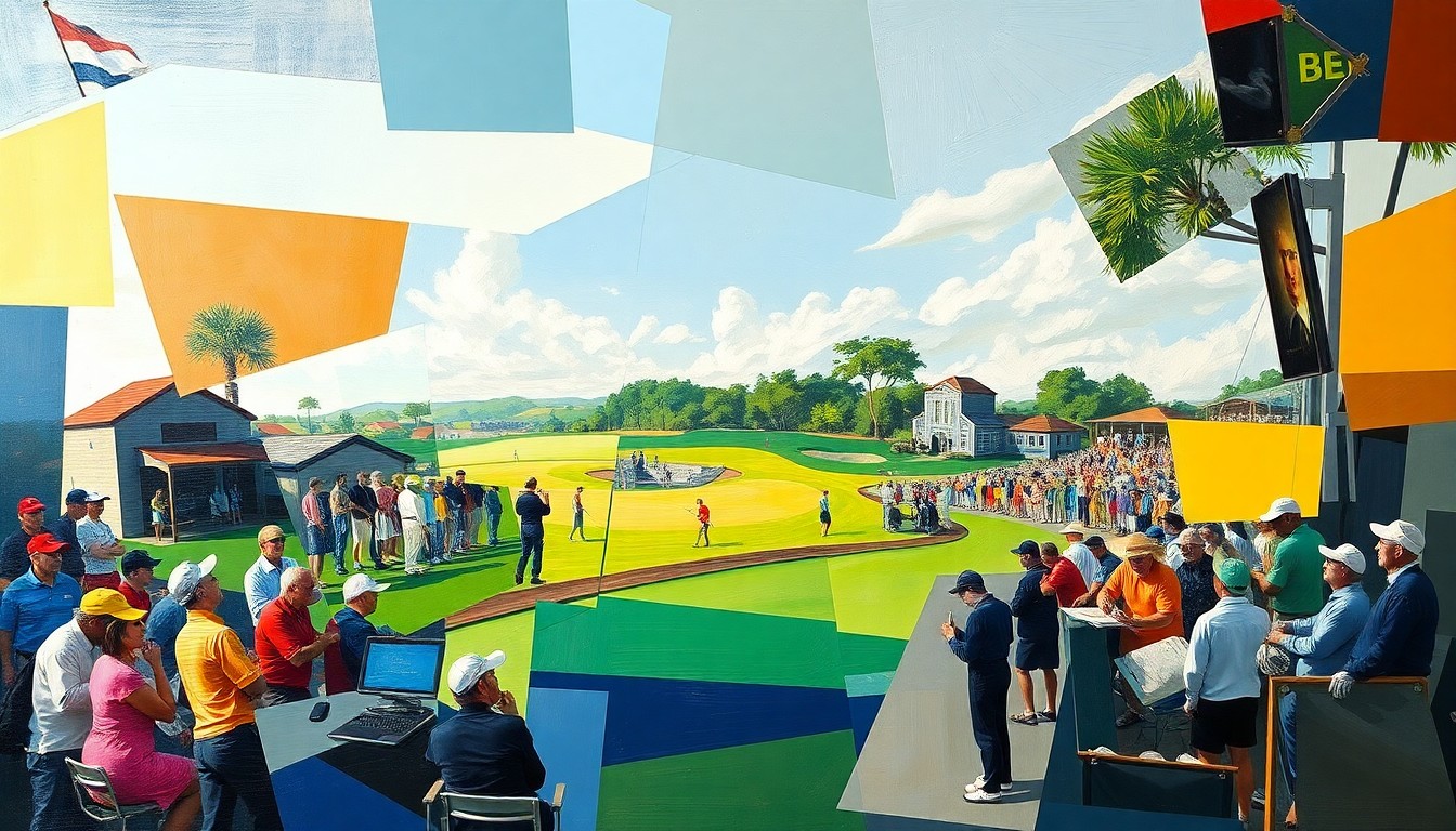 A cubist, geometric painting depicting a fragmented, multi-perspective view of a golf tournament, with overlapping shapes and planes representing the dynamic action and competition on the course.