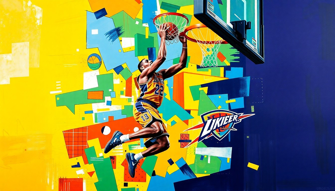 A fragmented, geometric painting depicting a basketball player driving to the hoop, with the player's body and the court broken down into overlapping planes of color representing the Lakers and Thunder team colors.