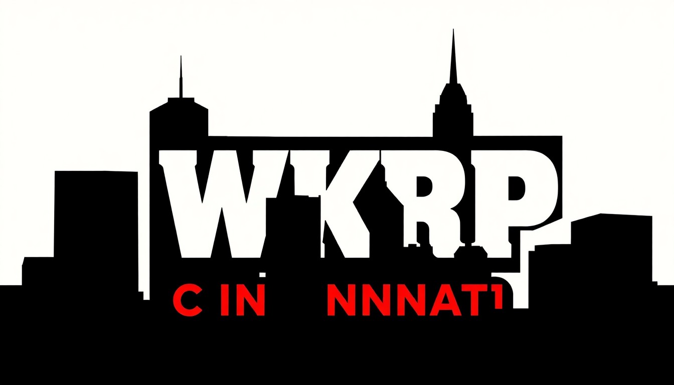 A bold, abstract illustration in the style of Saul Bass, featuring a striking black silhouette of the WKRP radio tower against a stark red and white background, conceptually representing the iconic station's comeback in Cincinnati.