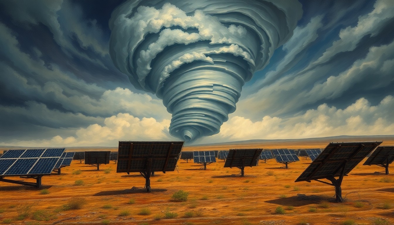 A sweeping, atmospheric landscape painting depicting a tornado-ravaged solar farm, with twisted metal frames and shattered panels dwarfed by the overwhelming scale of the swirling, ominous clouds above, conveying the fragility of renewable energy infrastructure.