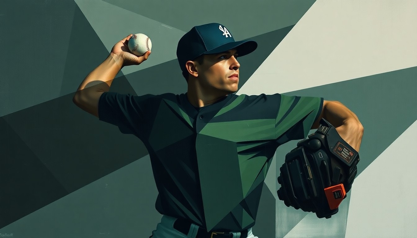 A cubist-style painting depicting a baseball pitcher's motion broken down into sharp, overlapping geometric shapes in muted navy, green, and grey tones, conveying the complexity and challenge of making a major league roster.