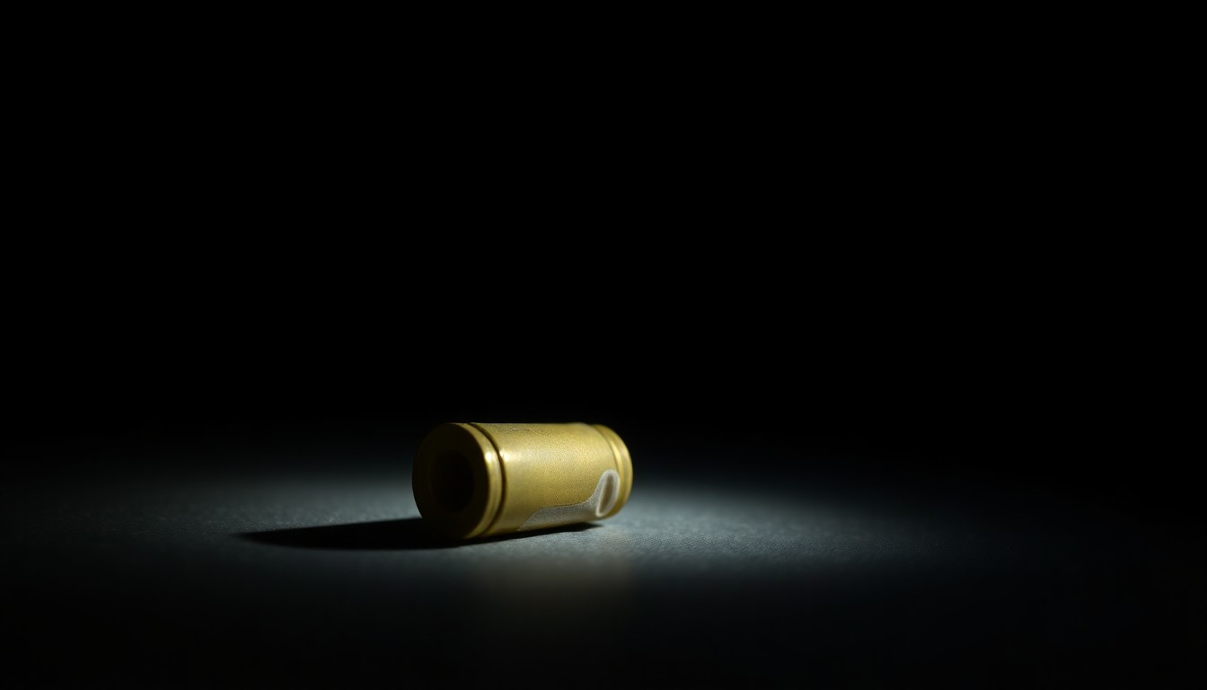 An extreme close-up photograph of a single spent shell casing on a dark surface, lit by a harsh, direct camera flash, conceptually representing the evidence left behind after a shooting incident involving a law enforcement officer.