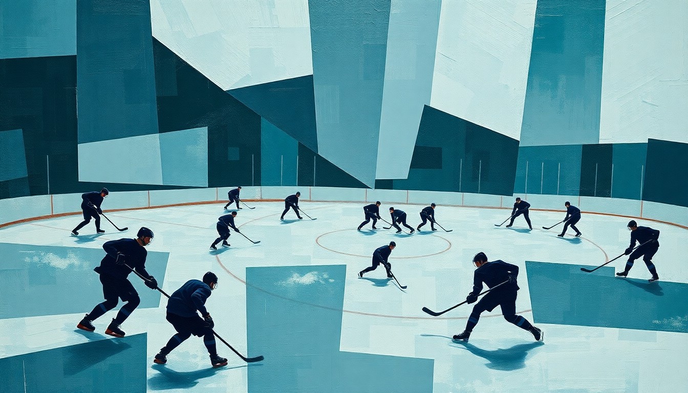 A fragmented, geometric painting depicting the action and energy of a professional hockey game, with overlapping shapes and planes representing the players, puck, and ice surface.