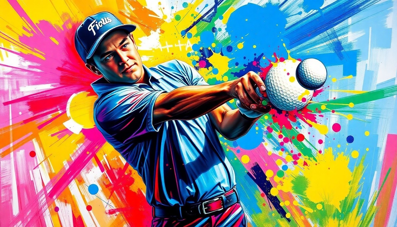 An abstract, energetic painting in bright neon colors depicting the powerful motion of a golfer's swing, with the golf ball blurring into an expressive splash of paint.