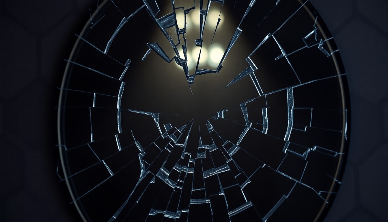 An extreme close-up of a cracked and shattered mirror reflecting a faint, somber light, conceptually representing the breakdown of trust and strained personal relationships within the British royal family.
