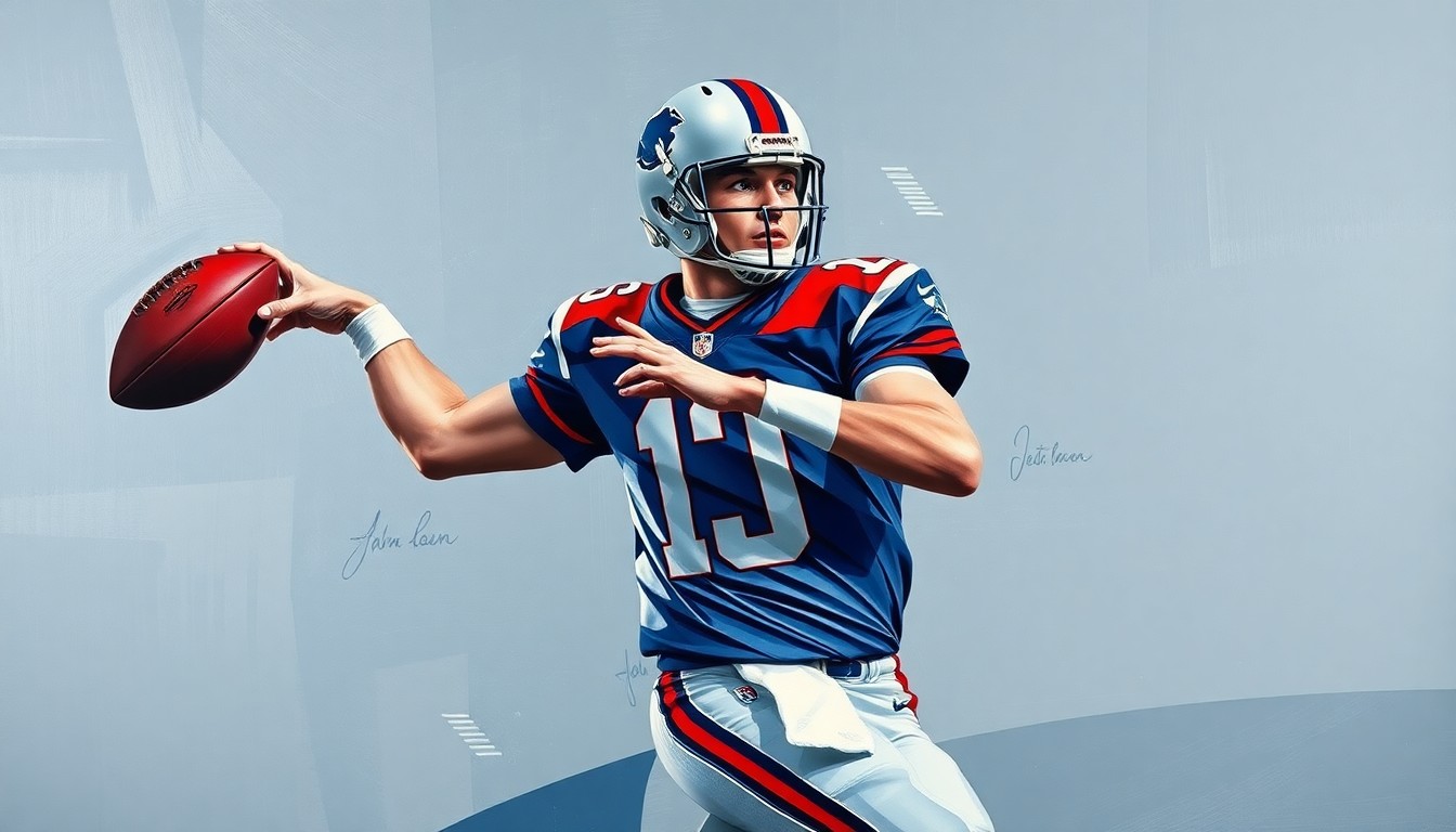 A fragmented, geometric painting depicting a quarterback's throwing motion, with sharp planes of silver, navy, and crimson red overlapping to create a dynamic, abstract representation of the sport.