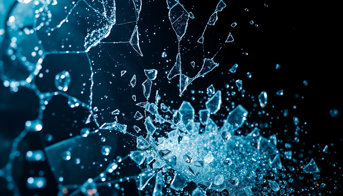 An extreme close-up of shattered glass and glittering sequins in dramatic, high-contrast lighting, conceptually representing the tension and glamour of the Hollywood film industry.