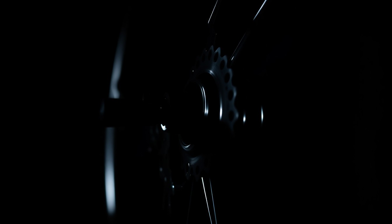 An extreme close-up photograph of a bicycle gear or component, dramatically lit by a harsh camera flash against a pitch-black background, conceptually representing the gritty investigation into Moriah Wilson's murder.