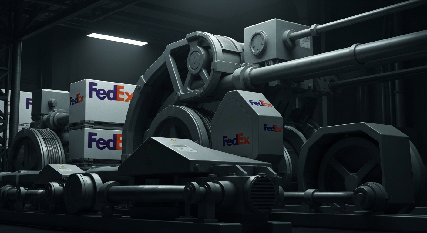 An extreme close-up of various FedEx shipping equipment and machinery, including conveyor belts, sorting bins, and loading docks, all dramatically lit against a dark background to create a sense of industrial power and financial security.