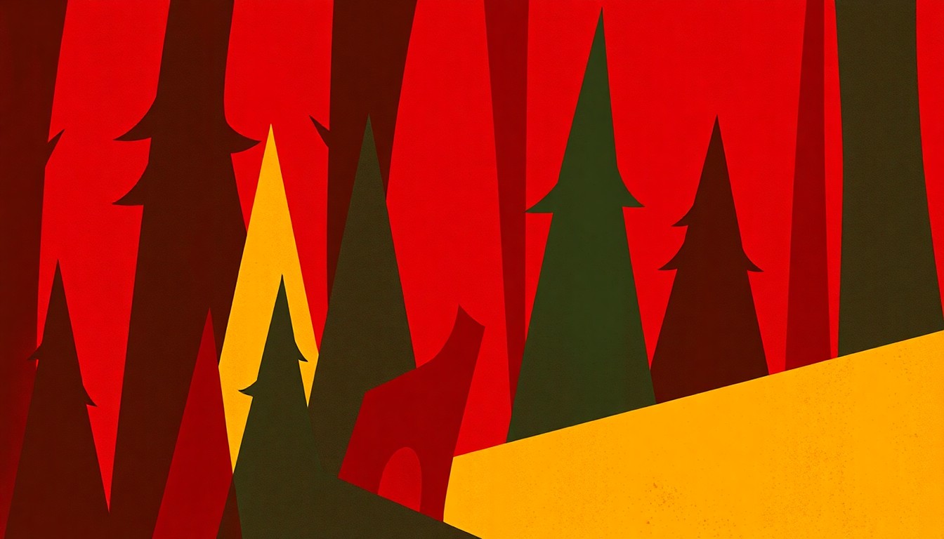 A bold, graphic composition of stark, jagged geometric shapes in deep red, forest green, and warm yellow, abstractly representing the playful reimagining of the 'Little Red Riding Hood' ballet.