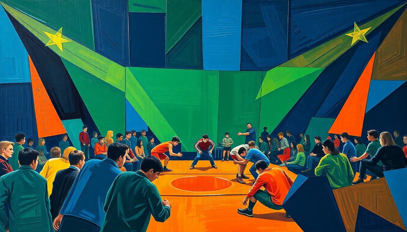 A fragmented, geometric painting depicting the dynamic movements and intense focus of a high school wrestling match, rendered in a bold color palette.