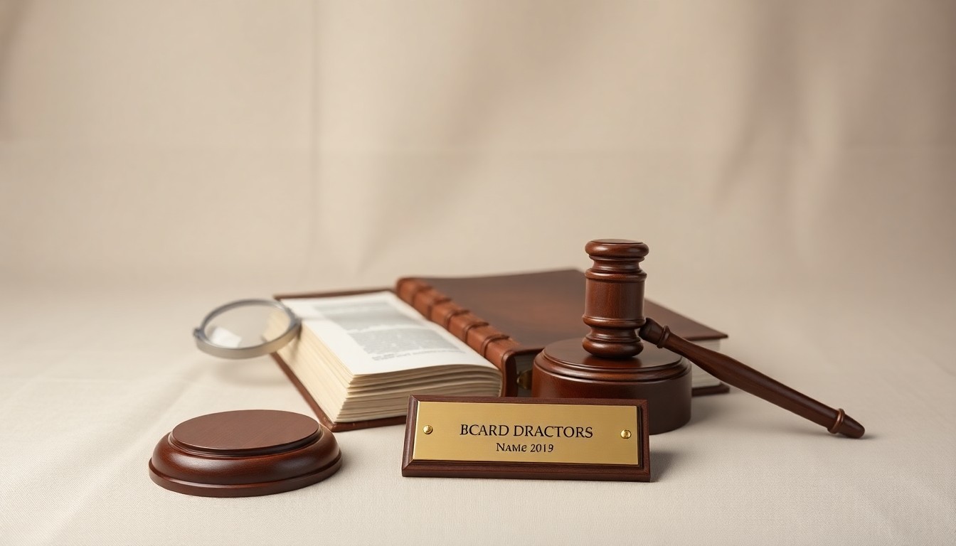 A minimalist studio still life photograph featuring a polished wooden gavel, a leather-bound ledger, and a brass nameplate on a clean, monochromatic background, symbolizing the formal governance and financial oversight responsibilities of a corporate board of directors.