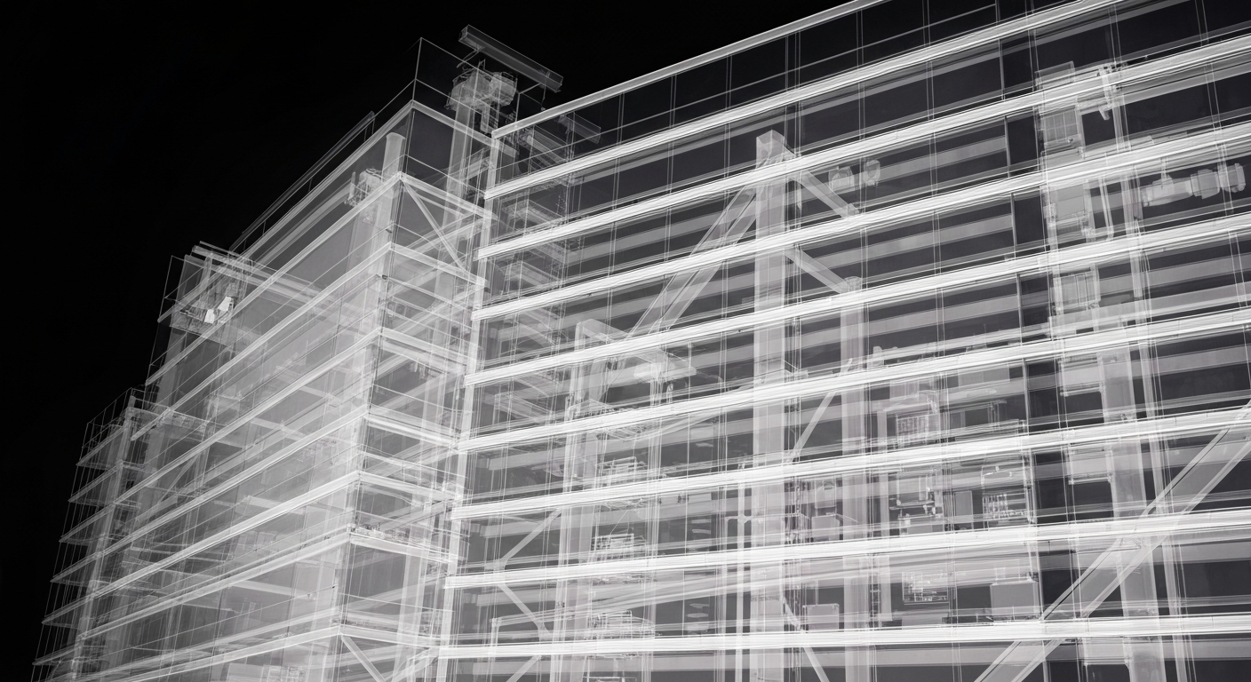 An extreme close-up X-ray photograph revealing the intricate internal structure and technology of a modern healthcare building, conceptually illustrating the advanced capabilities of the new Gretna Landing Health Center.