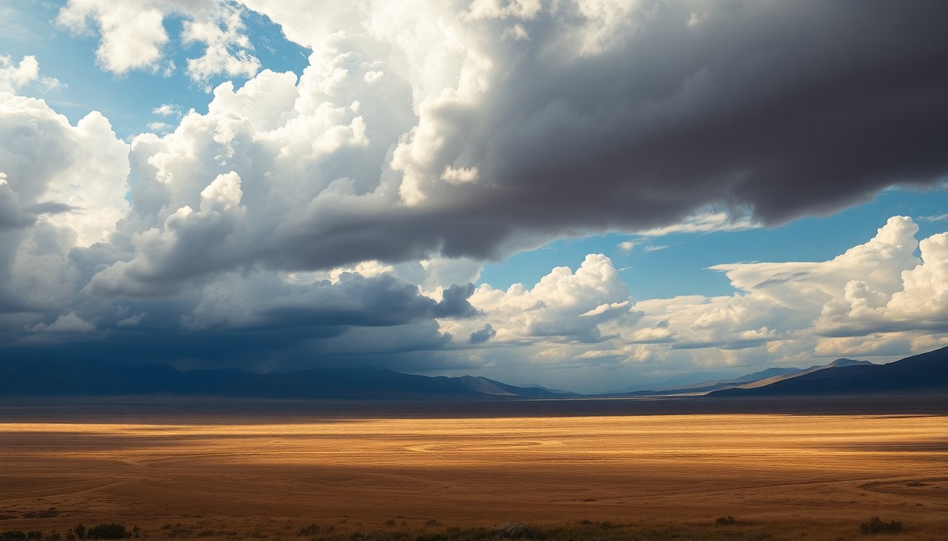 A vast, atmospheric landscape painting in muted tones of gray, blue, and gold, depicting the sweeping plains of Colorado under a dramatic, cloudy sky. The composition uses deep perspective and dramatic backlighting to convey the overwhelming scale and power of the natural environment, with any physical structures or objects barely visible in the distance.