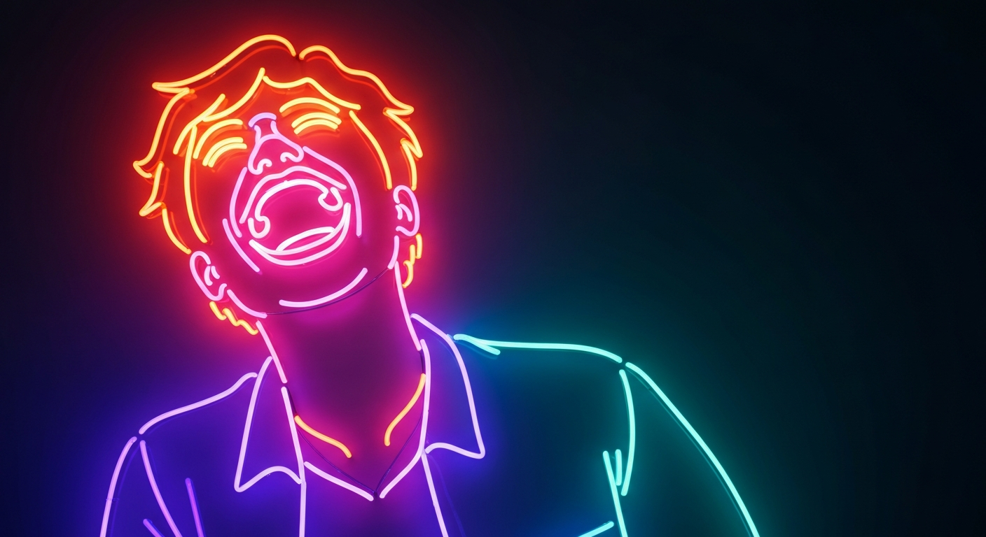 A neon outline illustration of a person laughing, with bright glowing lines tracing the movement and energy of the comedic performance, conceptually representing the joy and energy of a community fundraising event.