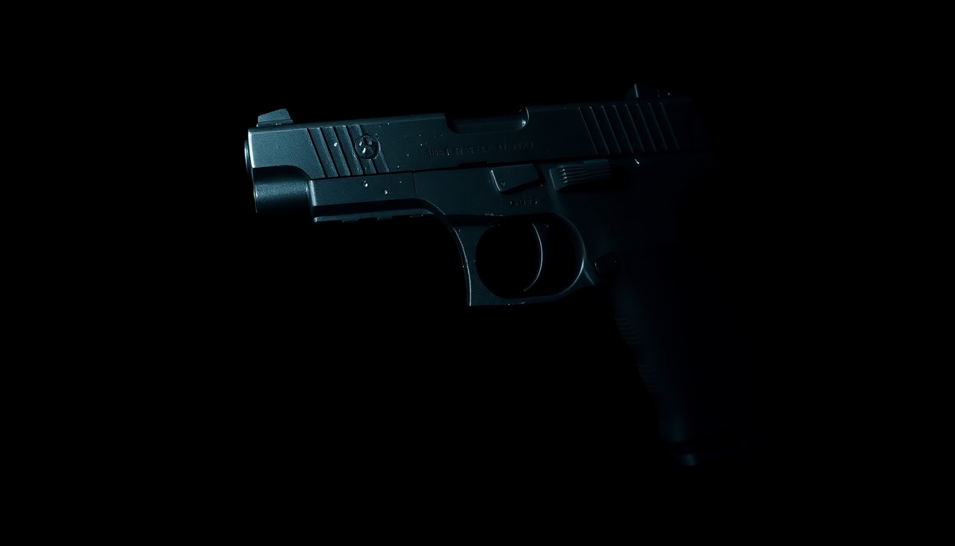 An extreme close-up photograph of a defaced handgun with an extended magazine, lit by a harsh, direct flash against a black background, conceptually illustrating the illegal firearm possession incident.