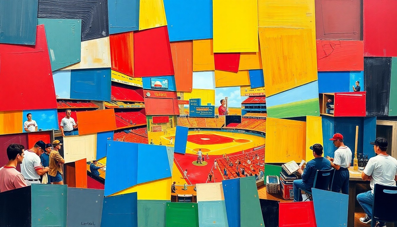 A fragmented, cubist-style painting depicting various baseball concession items like hot dogs, nachos, and a large sombrero-shaped dish, broken down into sharp, overlapping geometric shapes and planes of bright, vibrant colors.