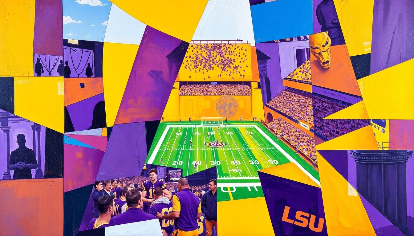 A fragmented, cubist-style painting depicting a college football game or competition, with the action broken down into sharp, overlapping geometric shapes in LSU's signature purple and gold colors, conveying the urgency and high expectations surrounding the program's turnaround efforts.