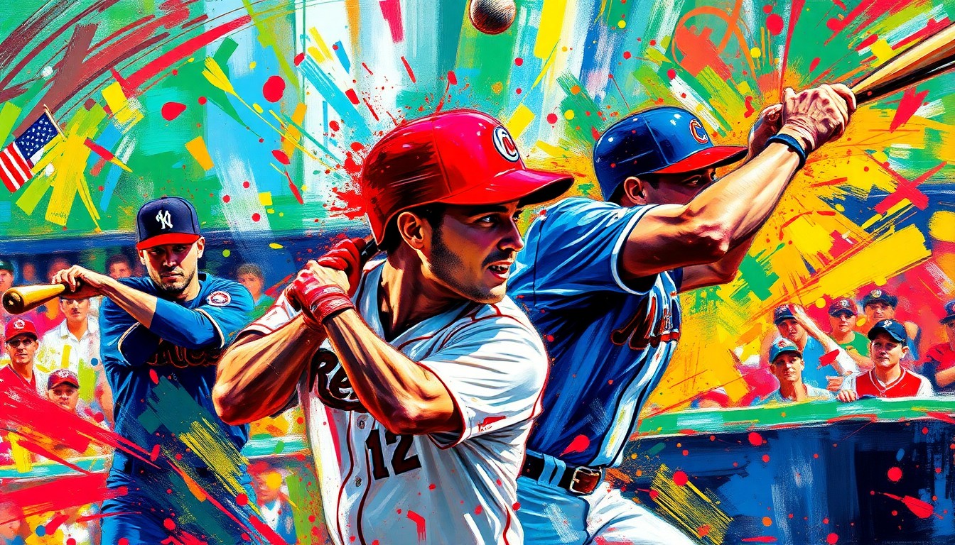 An abstract expressionist painting in vibrant neon colors, with rapid brushstrokes capturing the energy and motion of a baseball game, but with players' faces and logos dissolving into unrecognizable splatters.