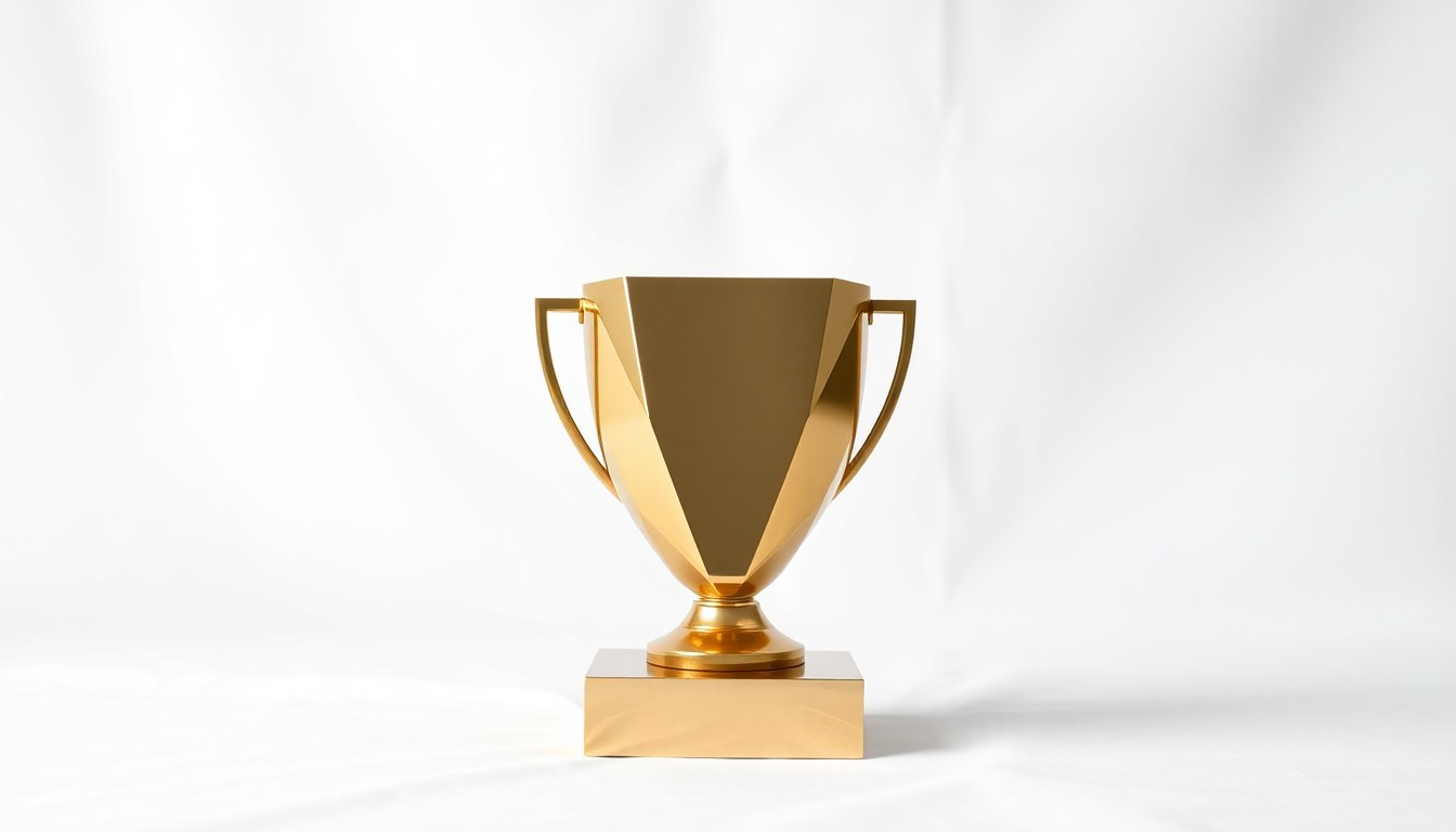 A highly detailed, photorealistic studio photograph of a polished brass trophy or award resting on a clean, white background, representing the prestigious recognition of Dottie Wenger's new leadership role.