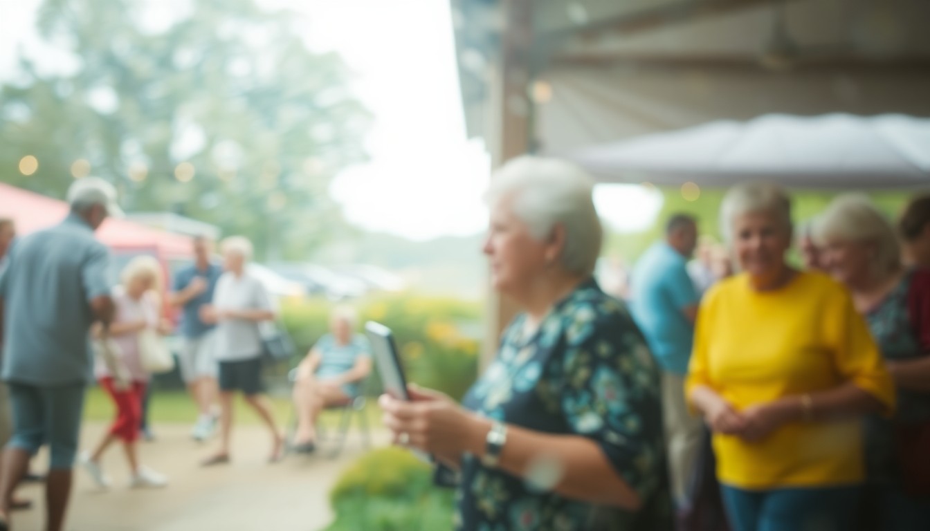 An extremely abstracted, out-of-focus photograph in warm tones showing a blurred scene of older adults engaged in various activities at an outdoor community event, conveying a sense of connection and wellness.