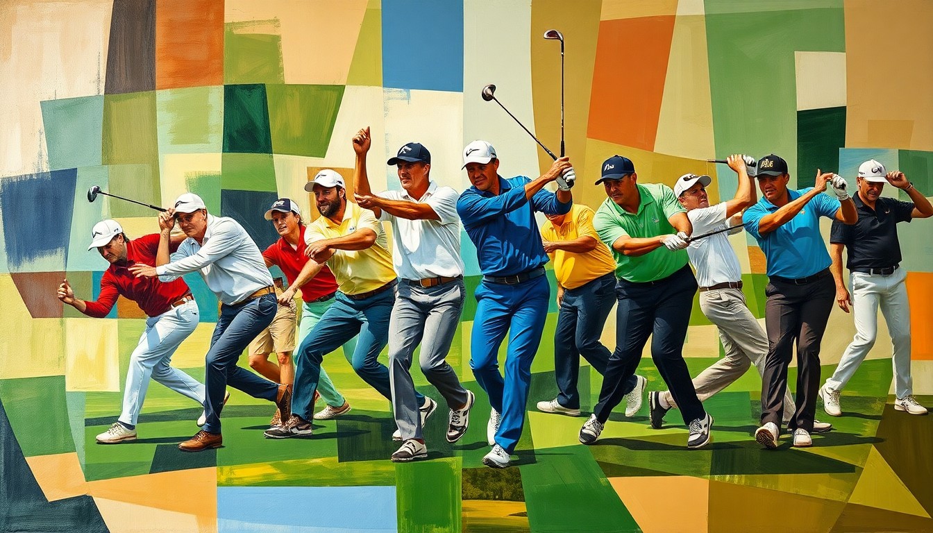 A cubist, geometric painting depicting the dynamic motion and energy of professional golfers in action, with sharp, overlapping planes of color representing the diverse contributions of Black players who have left an indelible mark on the sport.