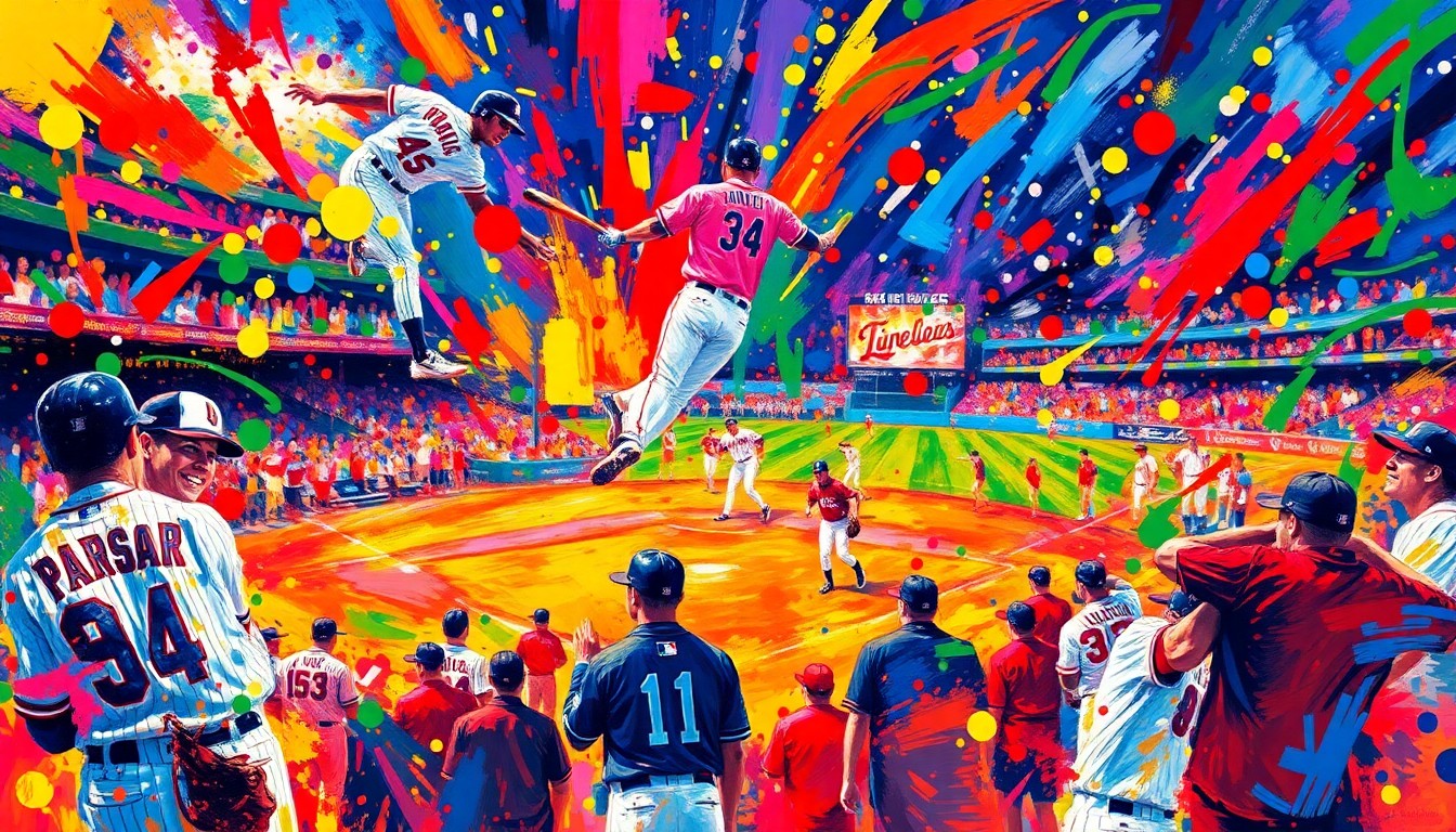 An abstract expressionist painting in neon colors, with blurred figures and shapes representing the excitement and energy of a baseball home opener celebration.