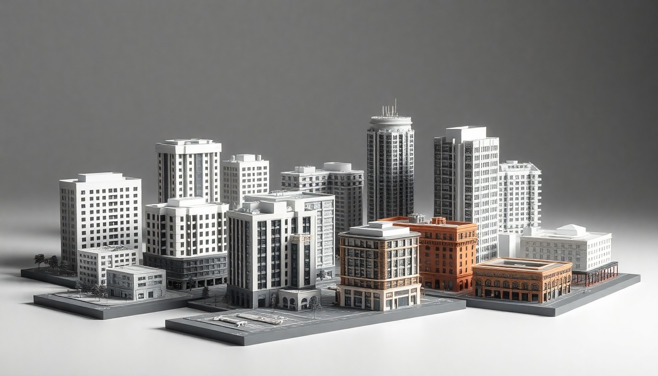 A photorealistic studio shot featuring a collection of miniature architectural models and scale replicas of buildings, arranged elegantly on a clean, monochromatic background to symbolize the abstract concepts of urban planning and community development.