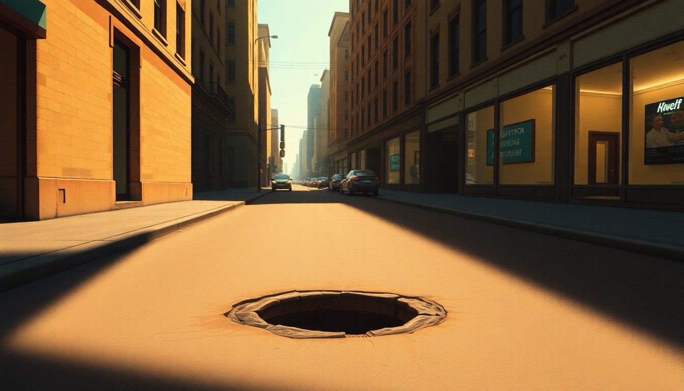 A photorealistic painting of a single pothole on an urban street, with warm sunlight casting long shadows across the cracked pavement. The scene has a quiet, contemplative mood, reflecting the frustration many drivers feel about the state of New York's roads.