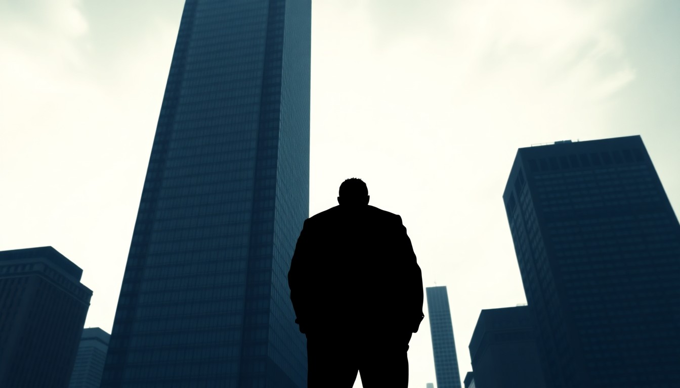 A moody, cinematic painting of a lone figure standing in front of a large, imposing skyscraper, their face obscured in shadow, conceptually representing the anonymous wealthy donors exerting influence over the political landscape.
