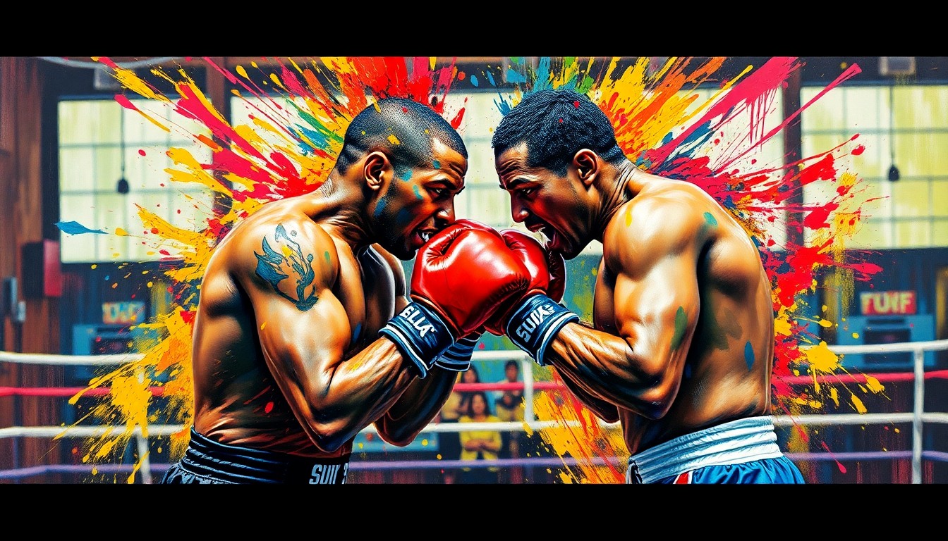 An abstract, expressionist painting featuring two blurred, dissolving figures of boxers in a boxing gym, with vibrant splashes of neon paint capturing the raw intensity of their training.