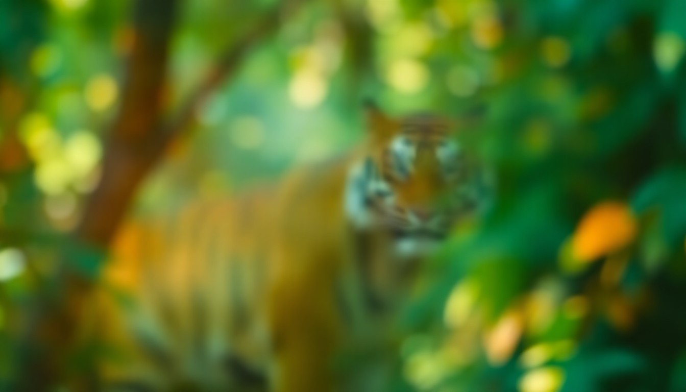 An impressionistic, blurred scene of a lush, green tiger habitat with soft, warm pools of light and color, conveying the tranquil and natural environment of the Detroit Zoo's new Amur tiger.