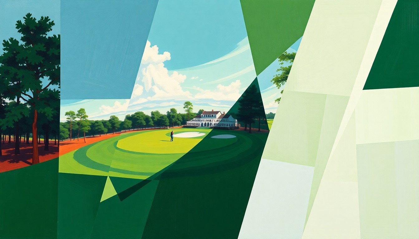 A fractured, cubist-style painting depicting a golf tournament at Augusta National, with sharp geometric planes in vibrant greens, browns, and blues representing the course and players.