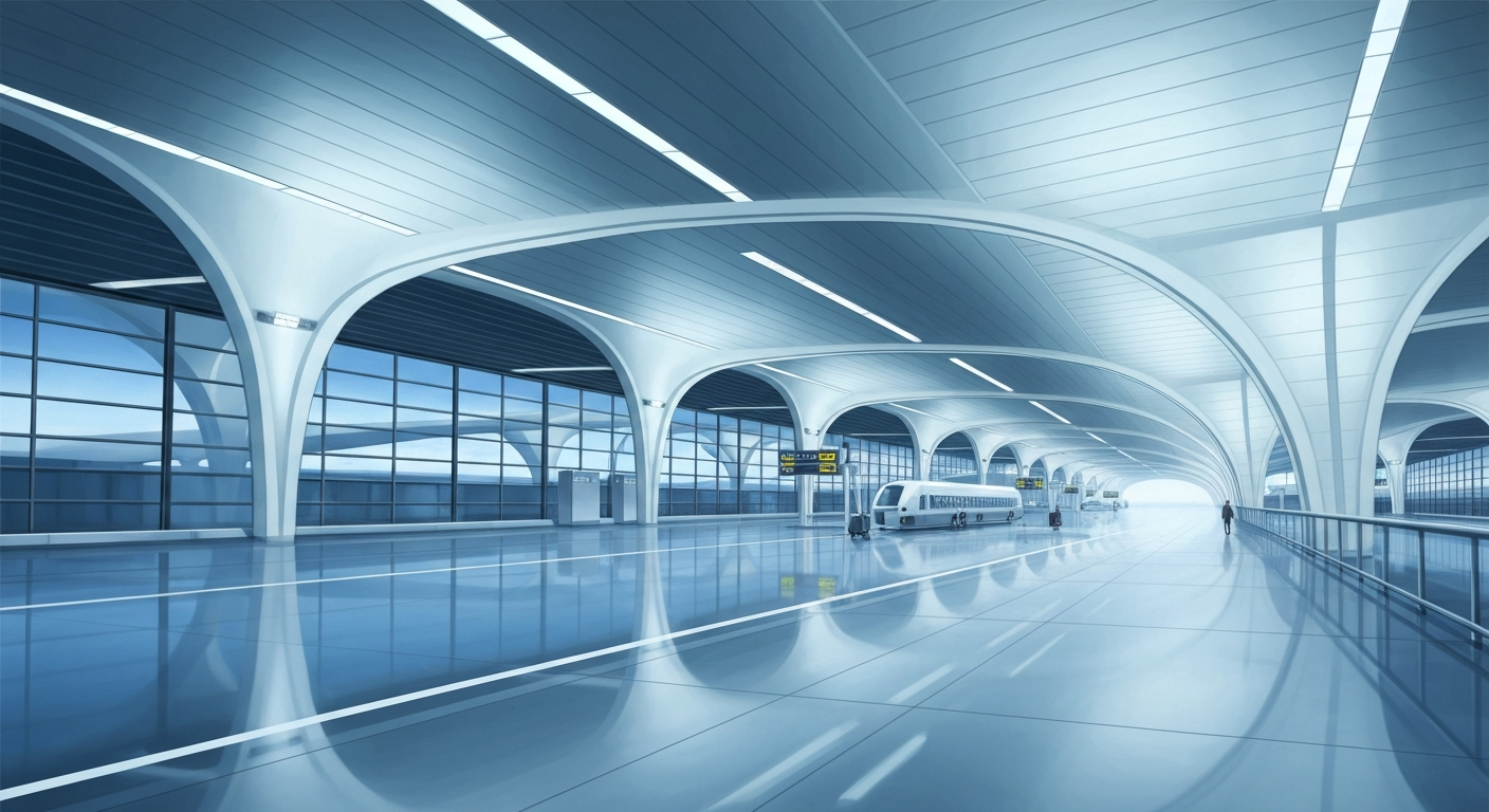 A highly stylized, abstract illustration in the Art Deco Monumentalist style, featuring sweeping, forced perspectives of a sleek, geometric airport terminal rendered in cool shades of blue and gray, conveying the grand scale and streamlined aesthetic of modern air travel.