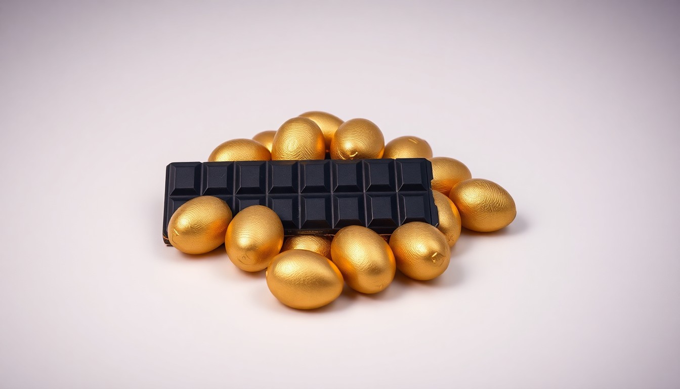 A high-end studio still life photograph featuring a pile of gold-wrapped chocolate Easter eggs and a single dark chocolate bar on a clean, monochromatic background, symbolizing the enduring regional appeal of Elmer Candy's traditional Easter confections.