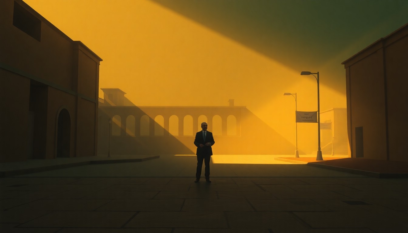 A solitary Iranian government official stands alone in a public square, the scene bathed in warm, cinematic light and deep shadows, conveying a sense of quiet defiance in the face of ongoing conflict.