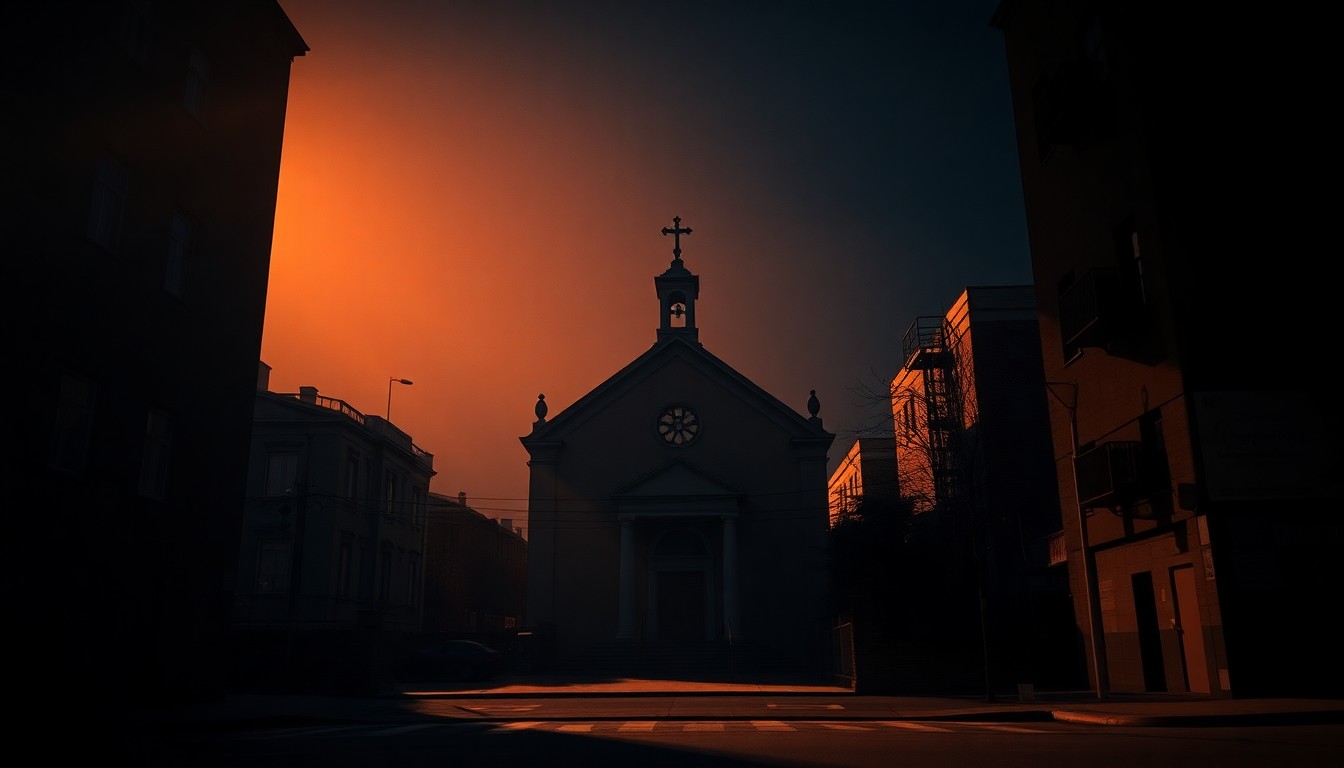 A dimly lit Catholic church in an urban setting, its facade bathed in warm, diagonal sunlight and deep shadows, conveying a sense of quiet contemplation and the sacred during a time of controversy.