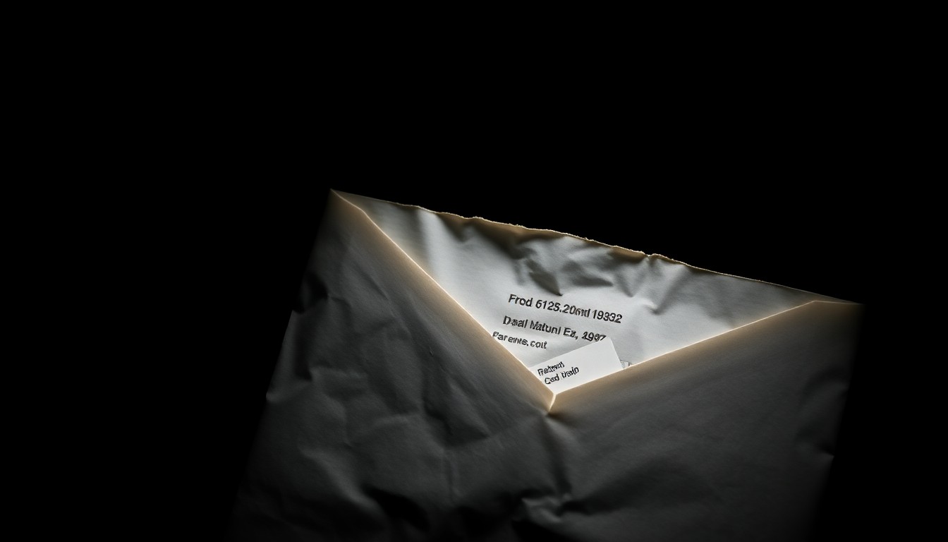 An extreme close-up photograph of a crumpled, ripped envelope with a return address label, lit by a harsh, direct camera flash against a pitch-black background, conceptually representing the evidence of a financial fraud scheme.