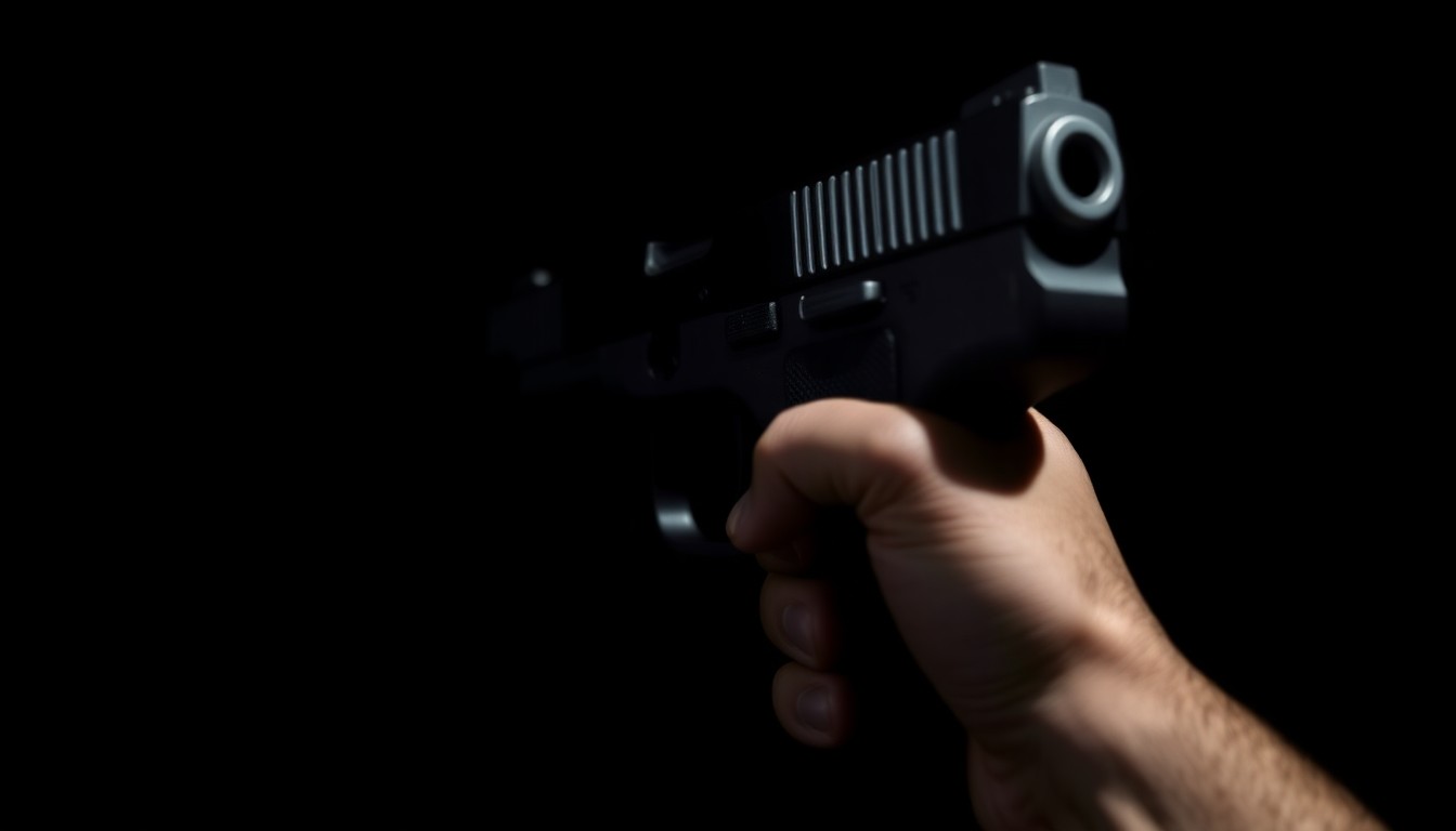 An extreme close-up photograph of a handgun's metal frame and trigger, dramatically lit by a harsh flash against a pitch-black background, conceptually representing the seizure of firearms during a law enforcement raid.