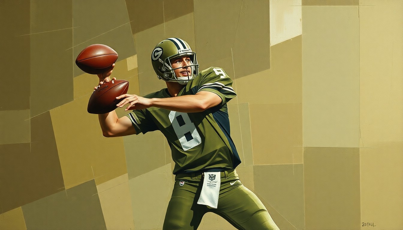 A fragmented, cubist-style painting depicting the throwing motion of a football quarterback, with sharp, overlapping geometric shapes in muted earth tones conveying the complexity and uncertainty of Garoppolo's free agency situation.