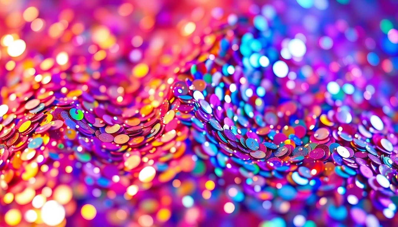 An abstract close-up photograph featuring a vibrant array of shimmering, glittering sequins in a rainbow of colors, conveying a sense of glamour and energy associated with the entertainment industry.
