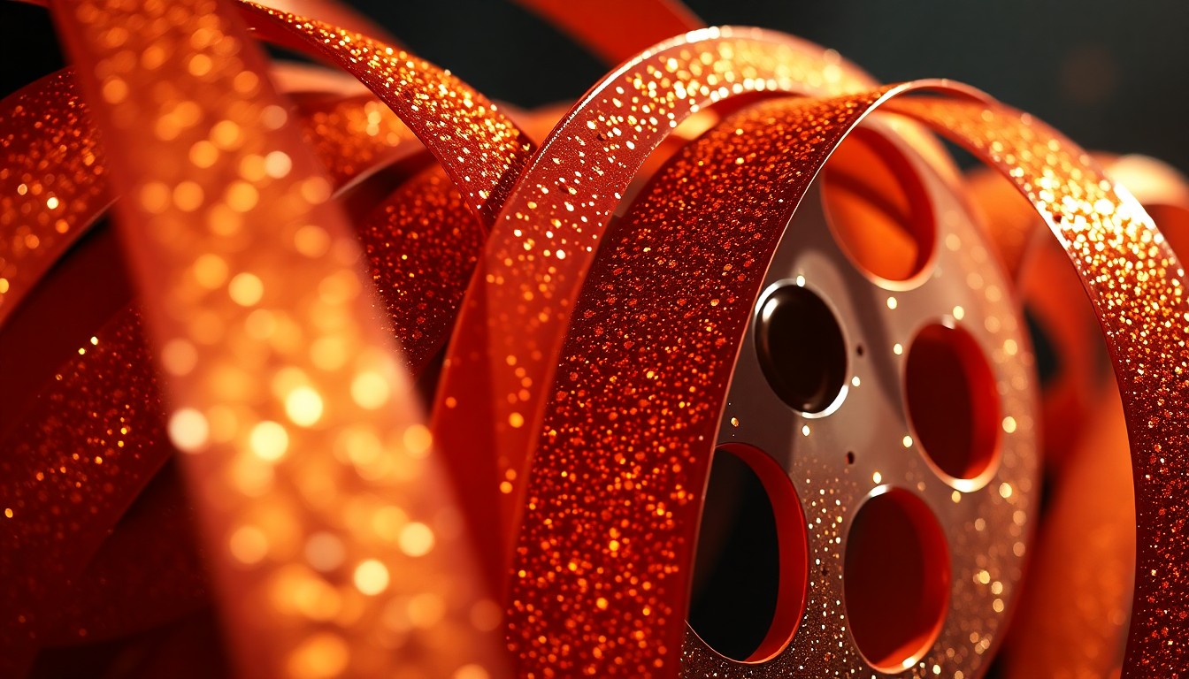 An abstract close-up image of shimmering, reflective film reel stock captured in dramatic studio lighting, conveying the high-end, luxurious atmosphere of a prestigious film festival.