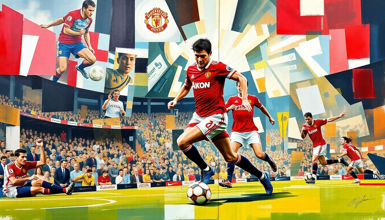 A cubist, geometric painting depicting a soccer match in progress, with the players and field broken down into sharp, overlapping planes of red and white, conceptually representing Manchester United's strategic midfield reinforcements.